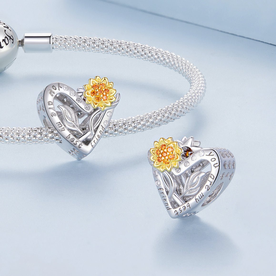 Silver Charm Heart Shaped Sunflower Best Friend CZ Charm For Sale - sursenso Charm