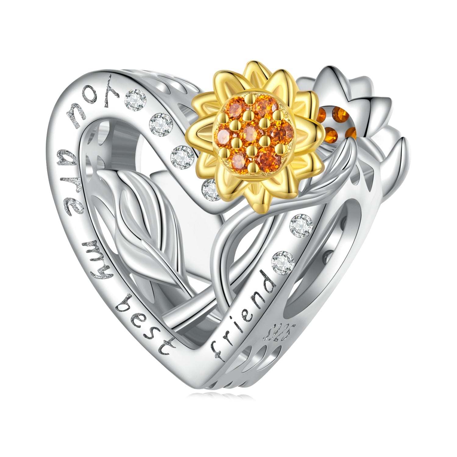 Silver Charm Heart Shaped Sunflower Best Friend CZ Charm For Sale - sursenso Charm