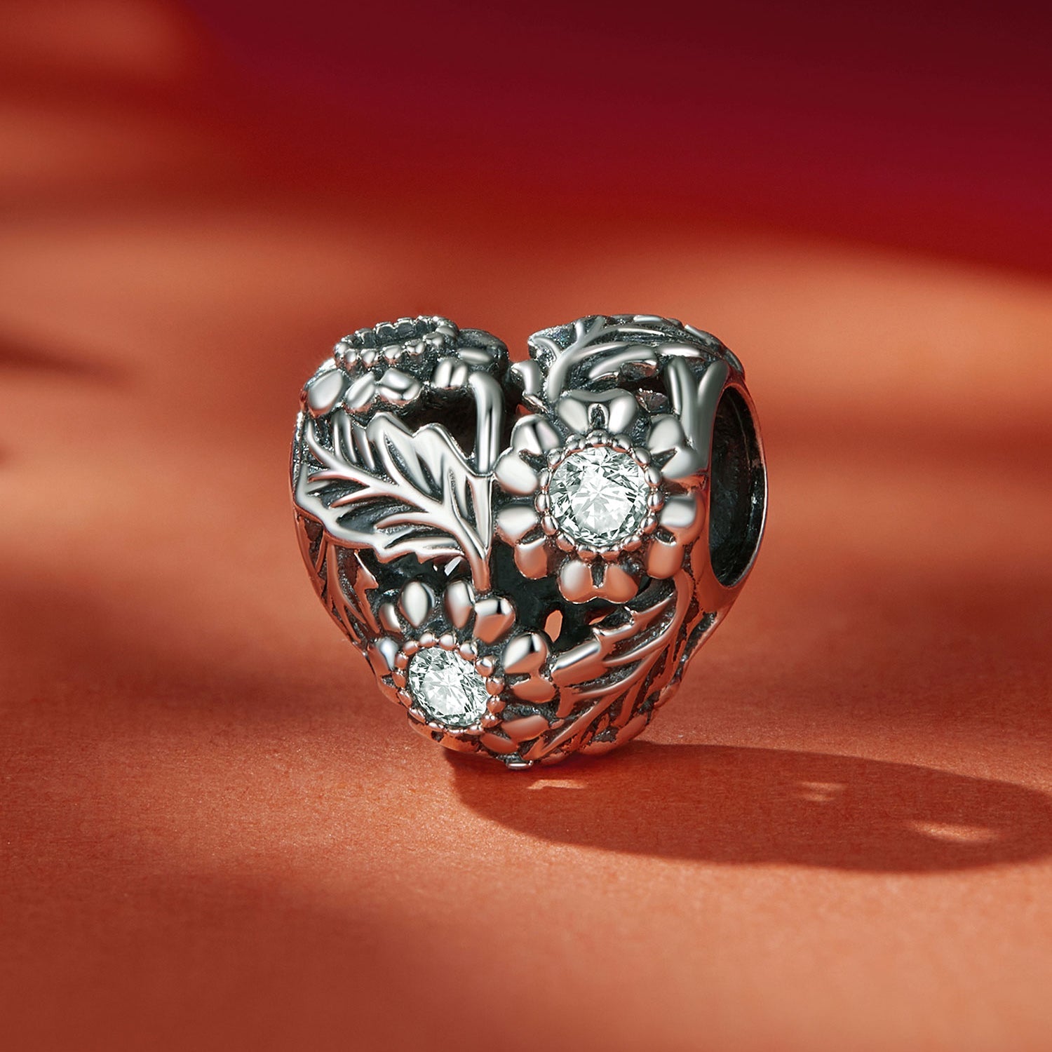 Silver Charm Heart Shaped Vintage Vine CZ Charm For Sale - sursenso Charm