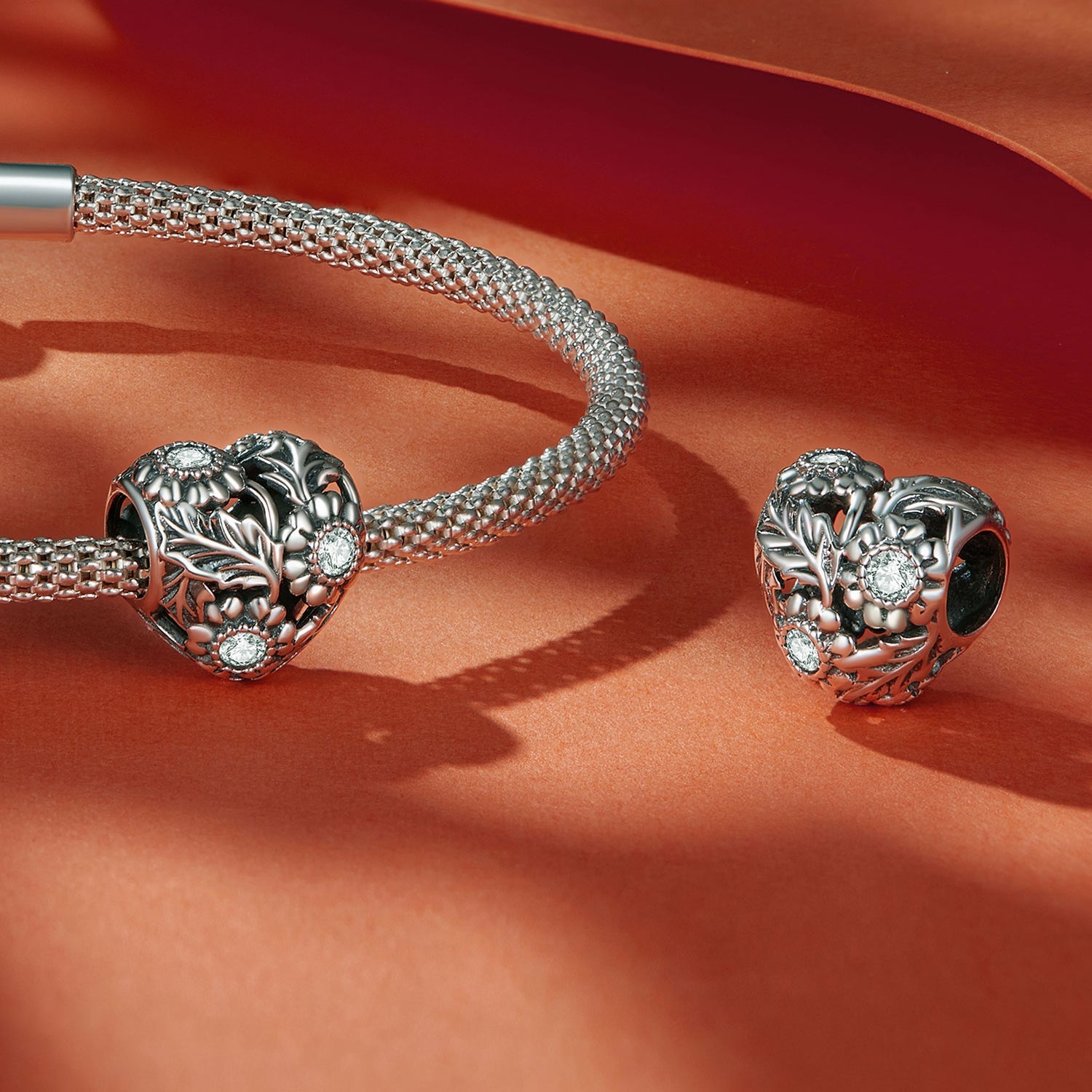 Silver Charm Heart Shaped Vintage Vine CZ Charm For Sale - sursenso Charm