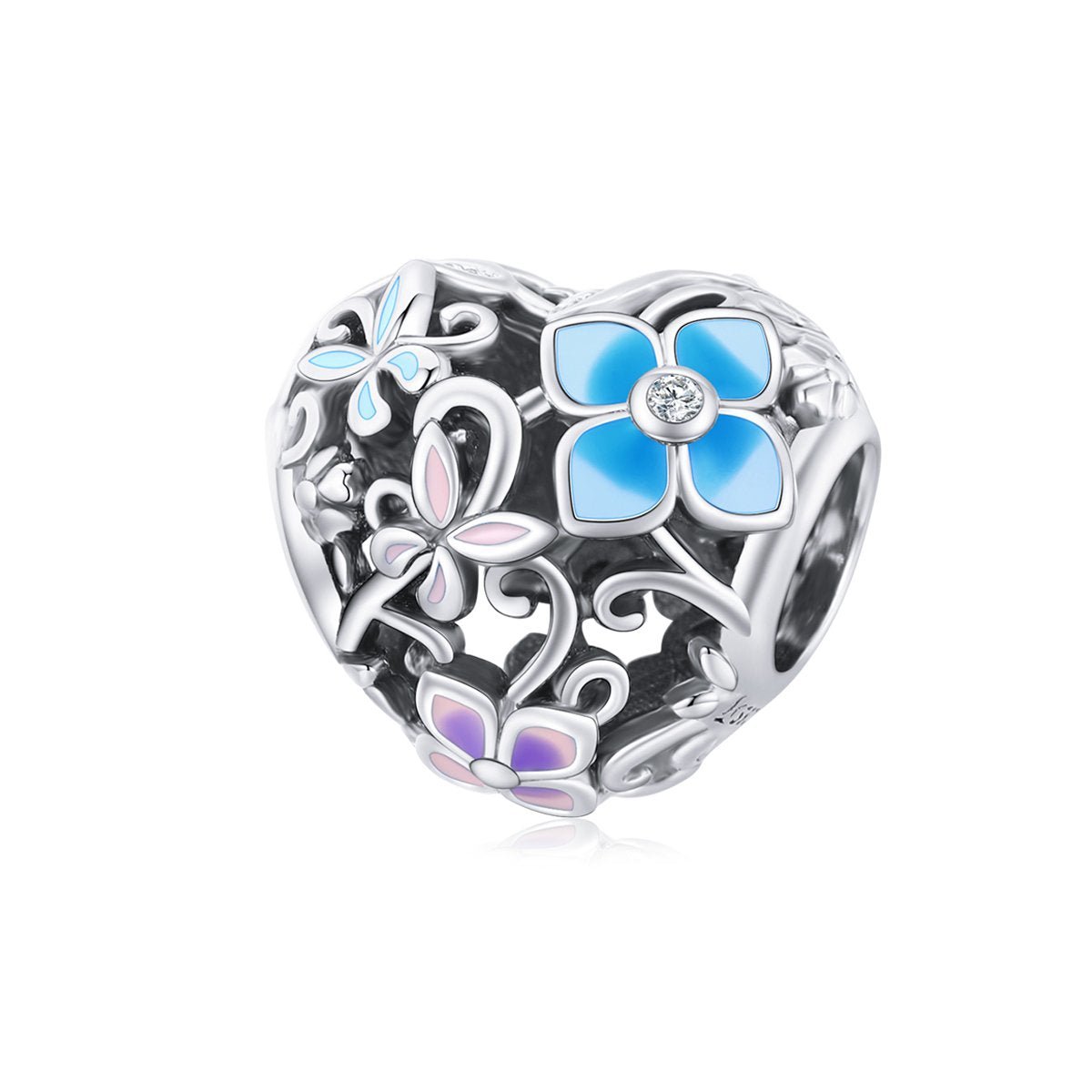 Silver Charm Hollow Colored Flower Butterfly Heart CZ Charm For Sale - sursenso Charm