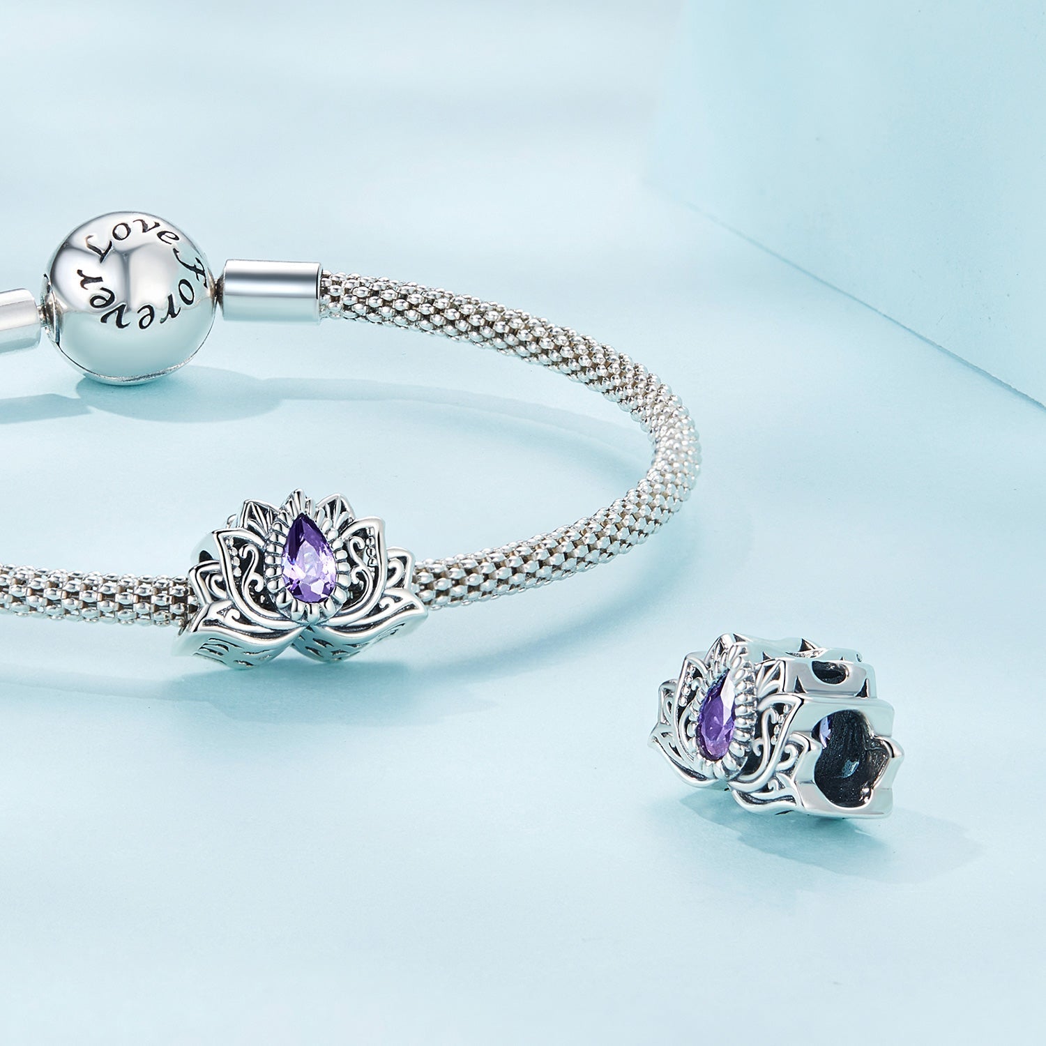 Silver Charm Lotus Flower Purple CZ Charm For Sale - sursenso Charm