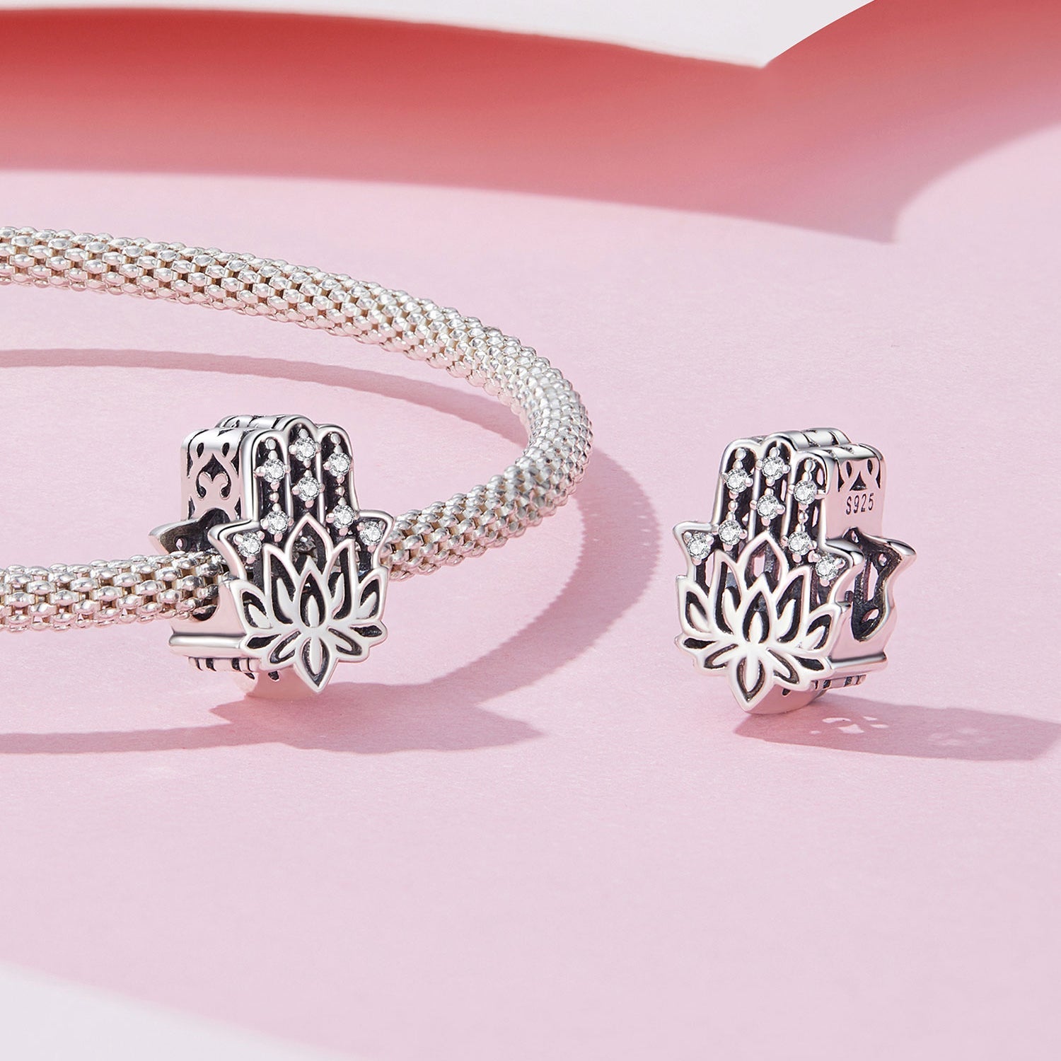 Silver Charm Lotus Hands of Fatima CZ Charm For Sale - sursenso Charm