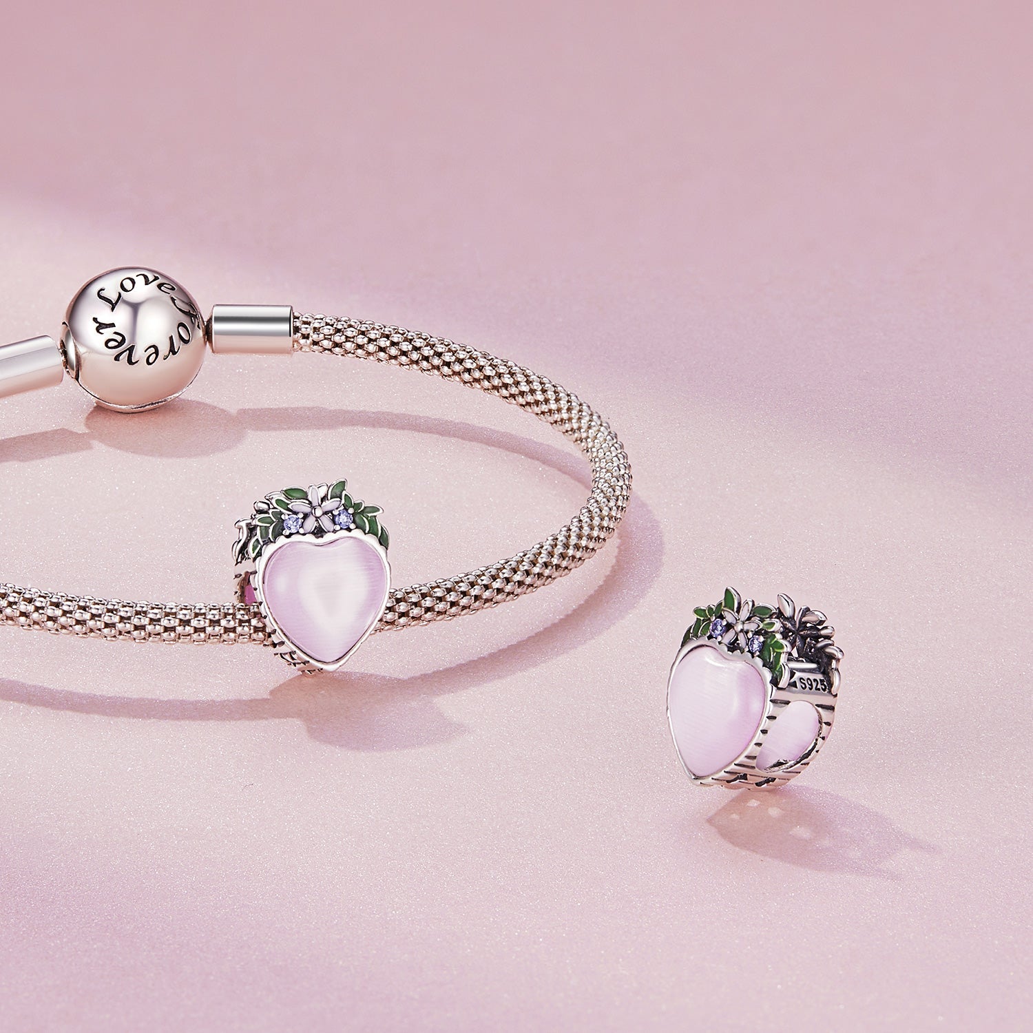 Silver Charm Love Flowers Pink CZ Charm For Sale - sursenso Charm