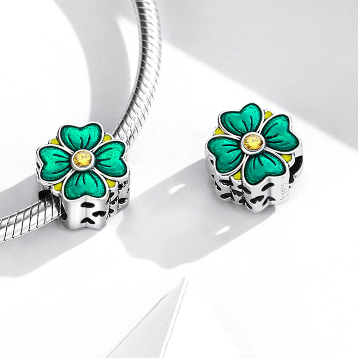 Silver Charm Lucky Clover Plant CZ Charm For Sale - sursenso Charm