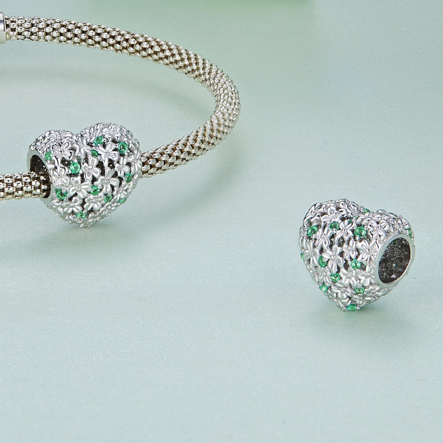 Silver Charm Lucky Heart Green CZ Charm For Sale - sursenso Charm