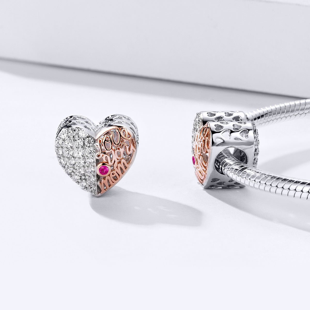 Silver Charm Mother's Love Heart Rose Gold Openwork CZ Charm For Sale - sursenso Charm