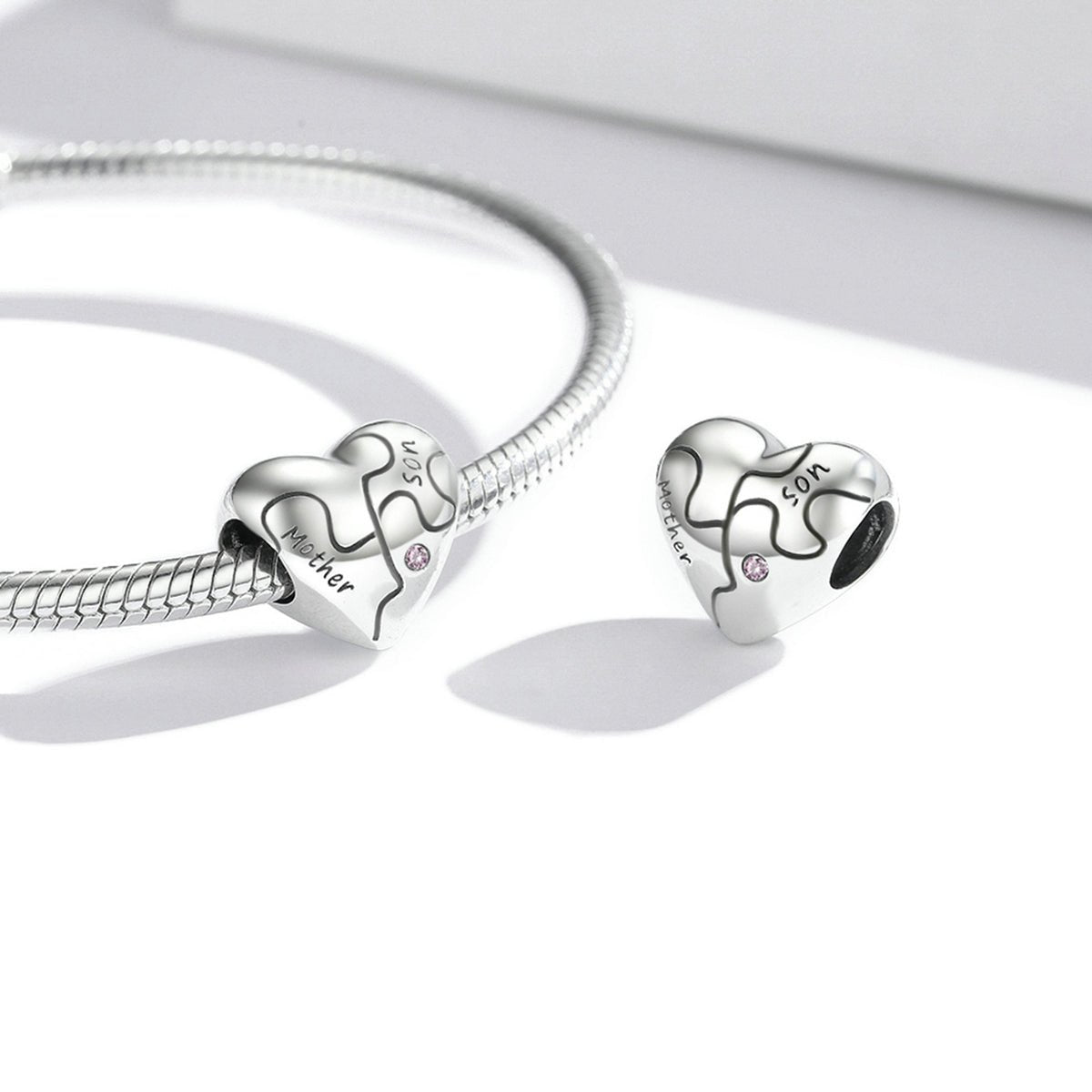 Silver Charm Mum Love Son Jigsaw Heart Shape CZ Charm For Sale - sursenso Charm