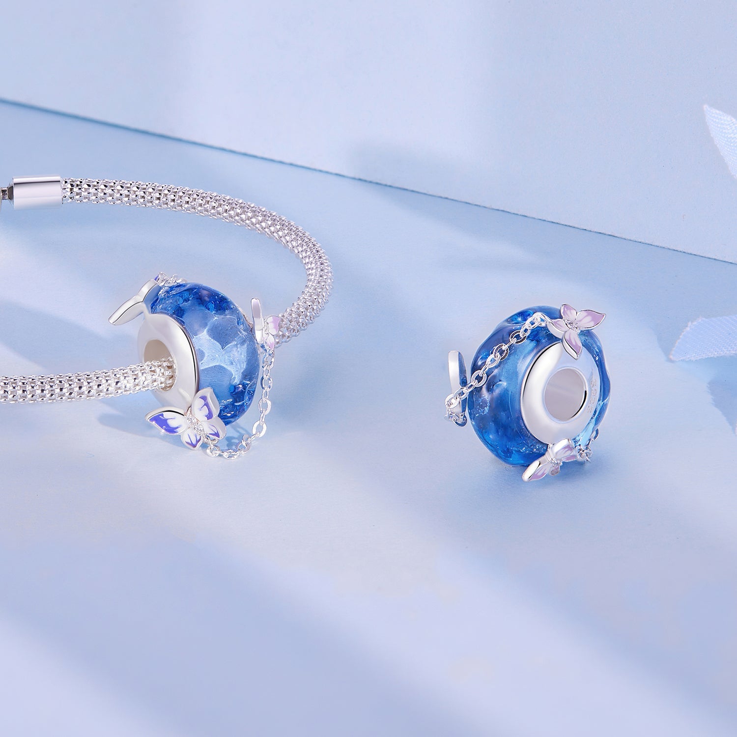 Silver Charm Ocean Blue Butterfly Tassel CZ Charm For Sale - sursenso Charm