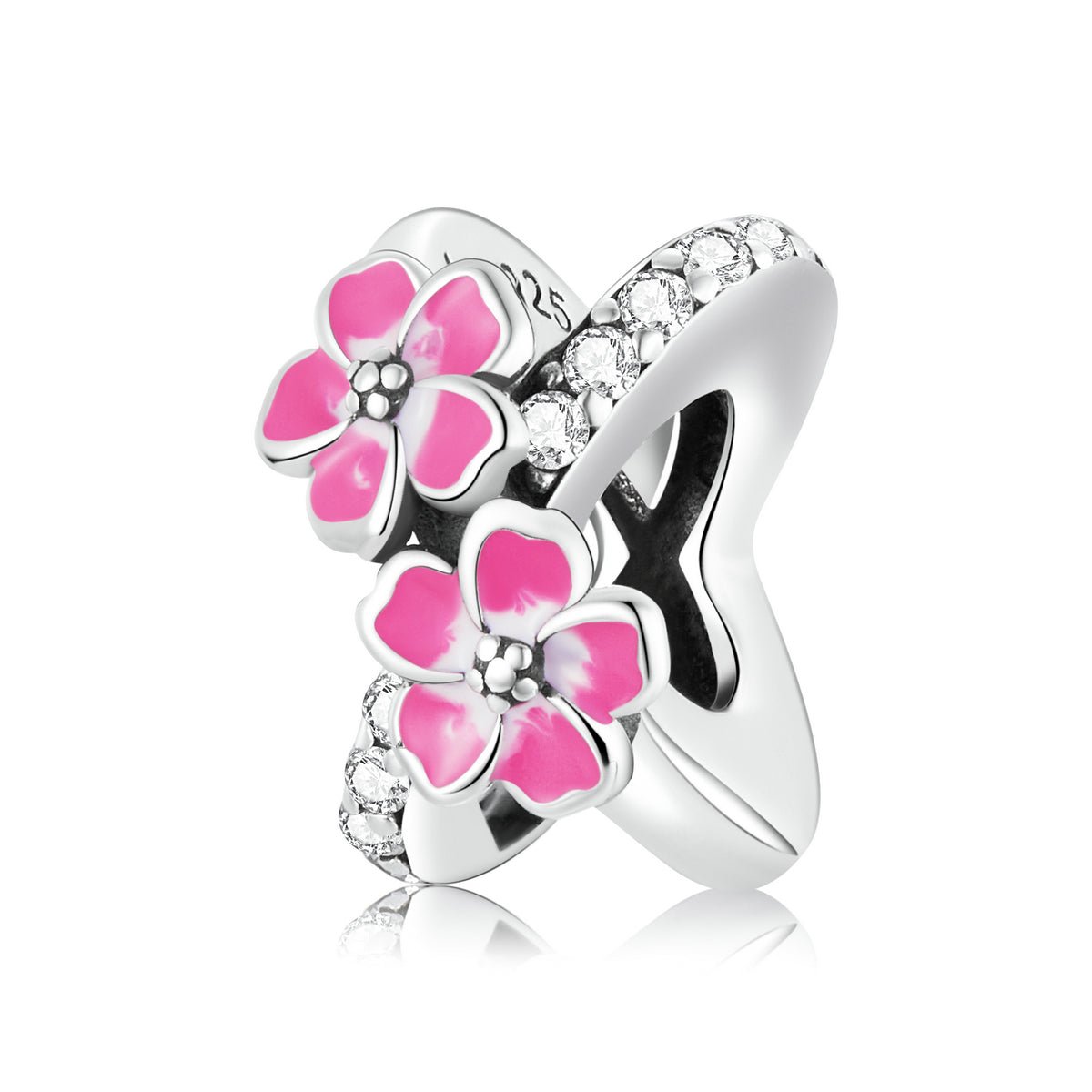 Silver Charm Pink Blooming Flowers Spacer CZ Charm For Sale - sursenso Charm