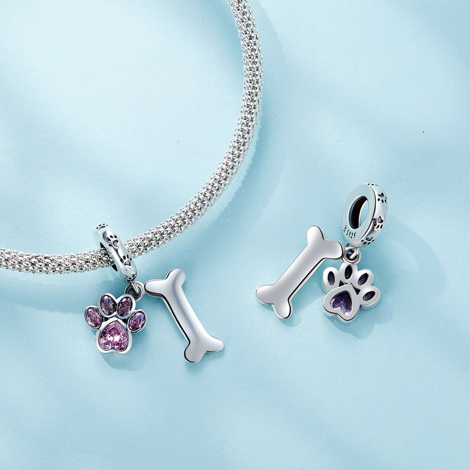 Silver Charm Pink Dog Paw & Bone CZ Dangle Charm For Sale - sursenso Pendant