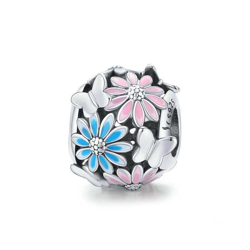 Silver Charm Pink Floral Daisy Butterfly Charm For Sale - sursenso