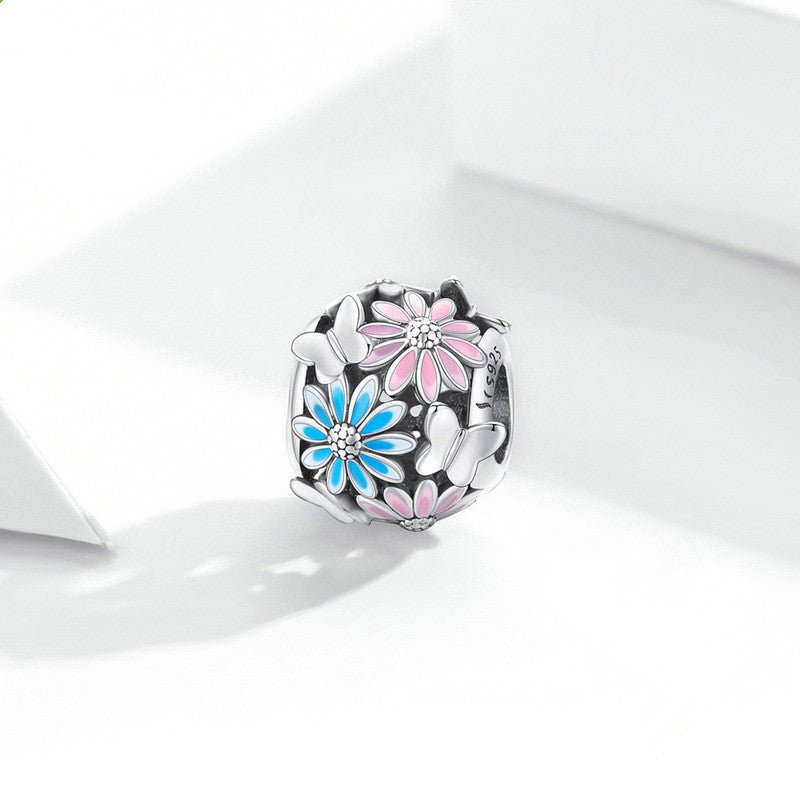 Silver Charm Pink Floral Daisy Butterfly Charm For Sale - sursenso