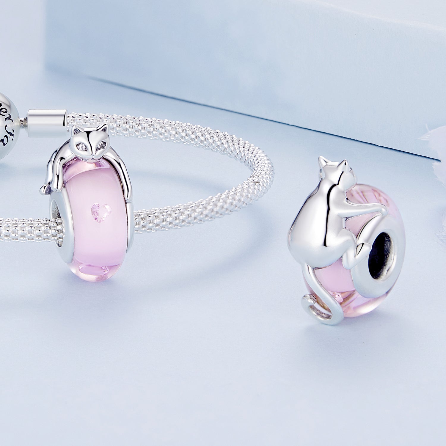 Silver Charm Pink Glass Cat CZ Stopper Charm For Sale - sursenso Charm