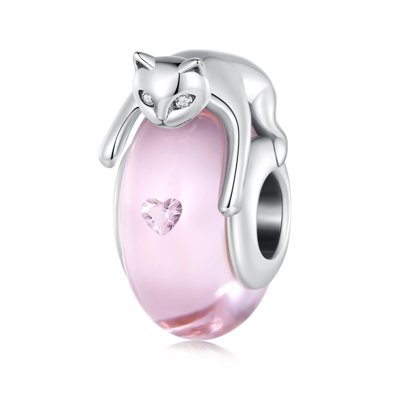 Silver Charm Pink Glass Cat CZ Stopper Charm For Sale - sursenso Charm