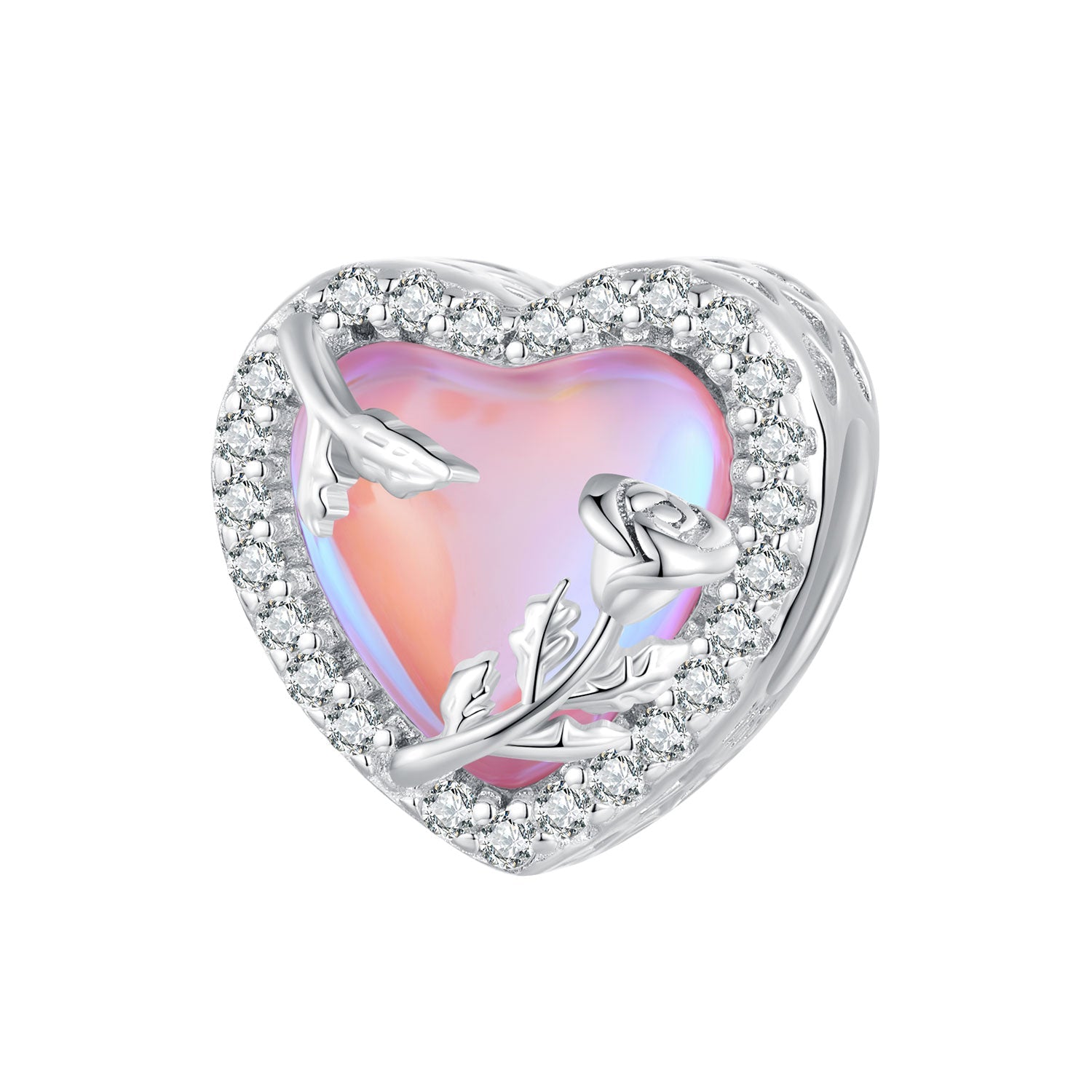 Silver Charm Pink Glass Heart Rose CZ Charm For Sale - sursenso Charm