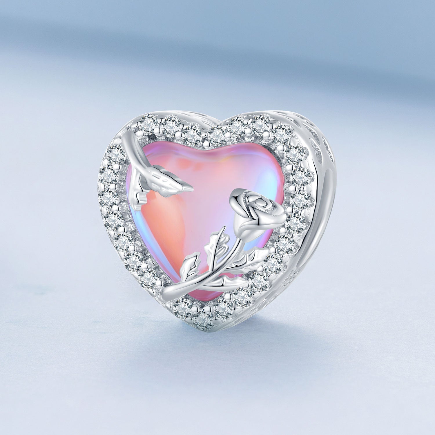 Silver Charm Pink Glass Heart Rose CZ Charm For Sale - sursenso Charm