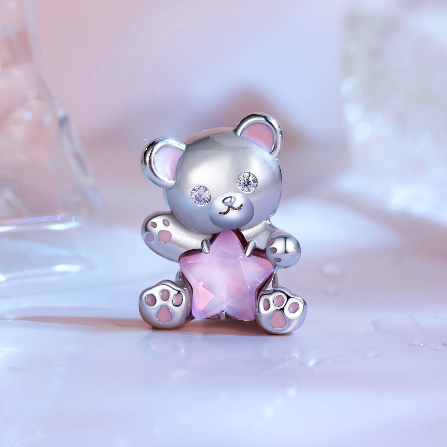 Silver Charm Pink Star Bear CZ Charm For Sale - sursenso Charm