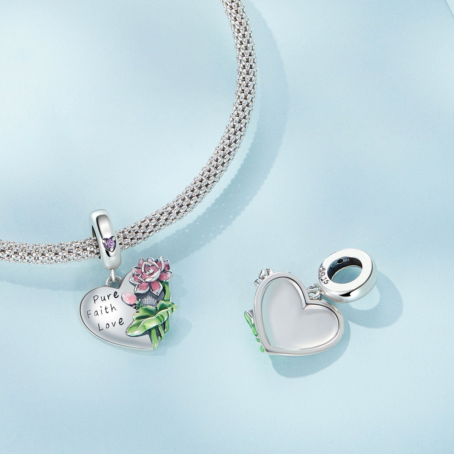 Silver Charm Pure Faith Love Lotus Flower CZ Charm For Sale - sursenso Charm