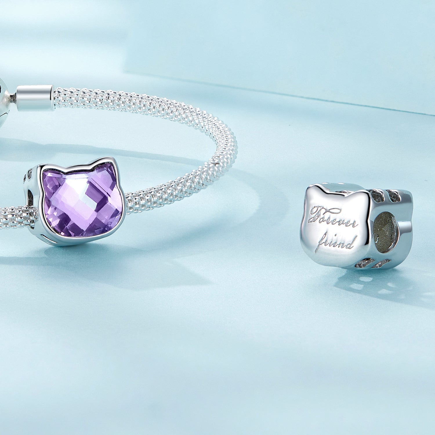 Silver Charm Purple Glass Cat Face Charm For Sale - sursenso Charm