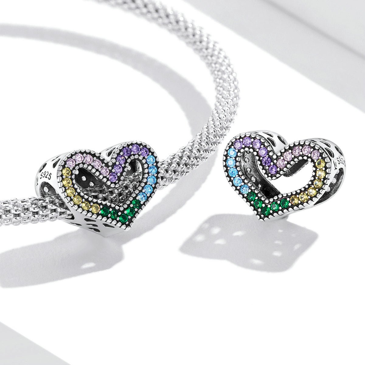 Silver Charm Rainbow Hollow Heart CZ Charm For Sale - sursenso Charm