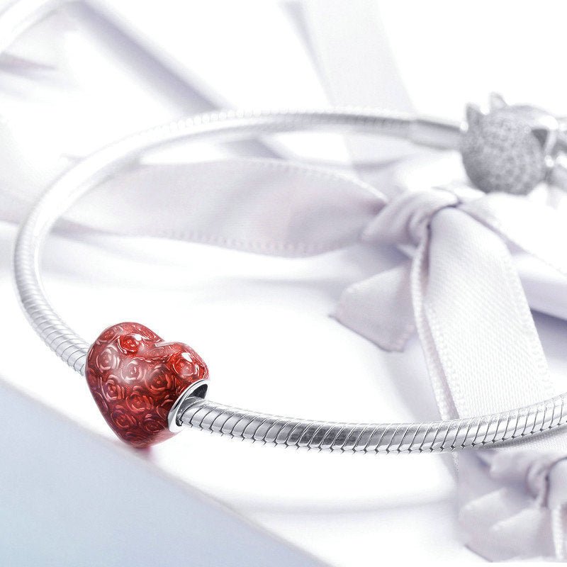 Silver Charm Red Rose Flower in Heart Charm For Sale - sursenso Charm