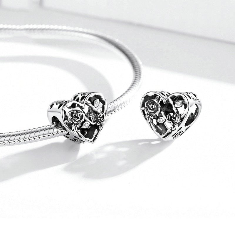 Silver Charm Rose Love Heart Bead Charm For Sale - sursenso Charm
