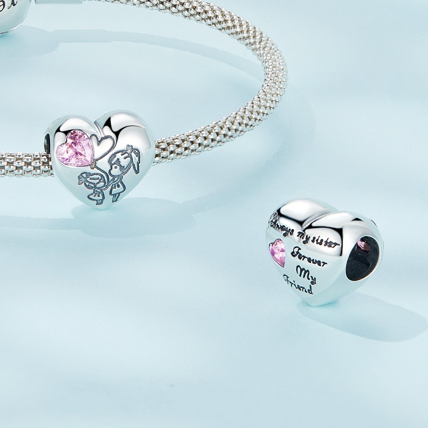 Silver Charm Sisterly Love Pink CZ Charm For Sale - sursenso Charm
