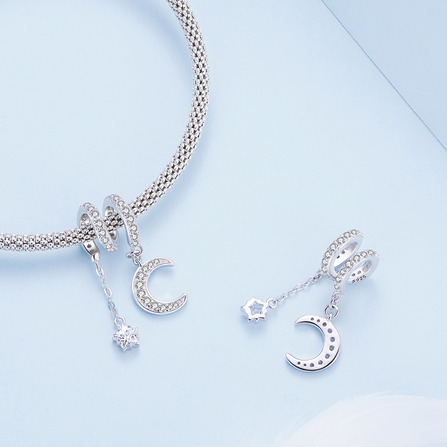 Silver Charm Swaying Moon Star CZ Charm For Sale - sursenso Charm