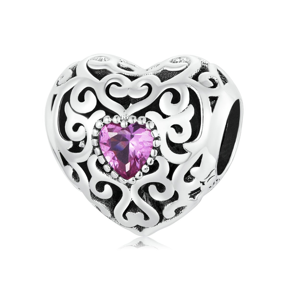 Silver Charm Vinatge Pattern Pink Heart CZ Charm For Sale - sursenso Charm