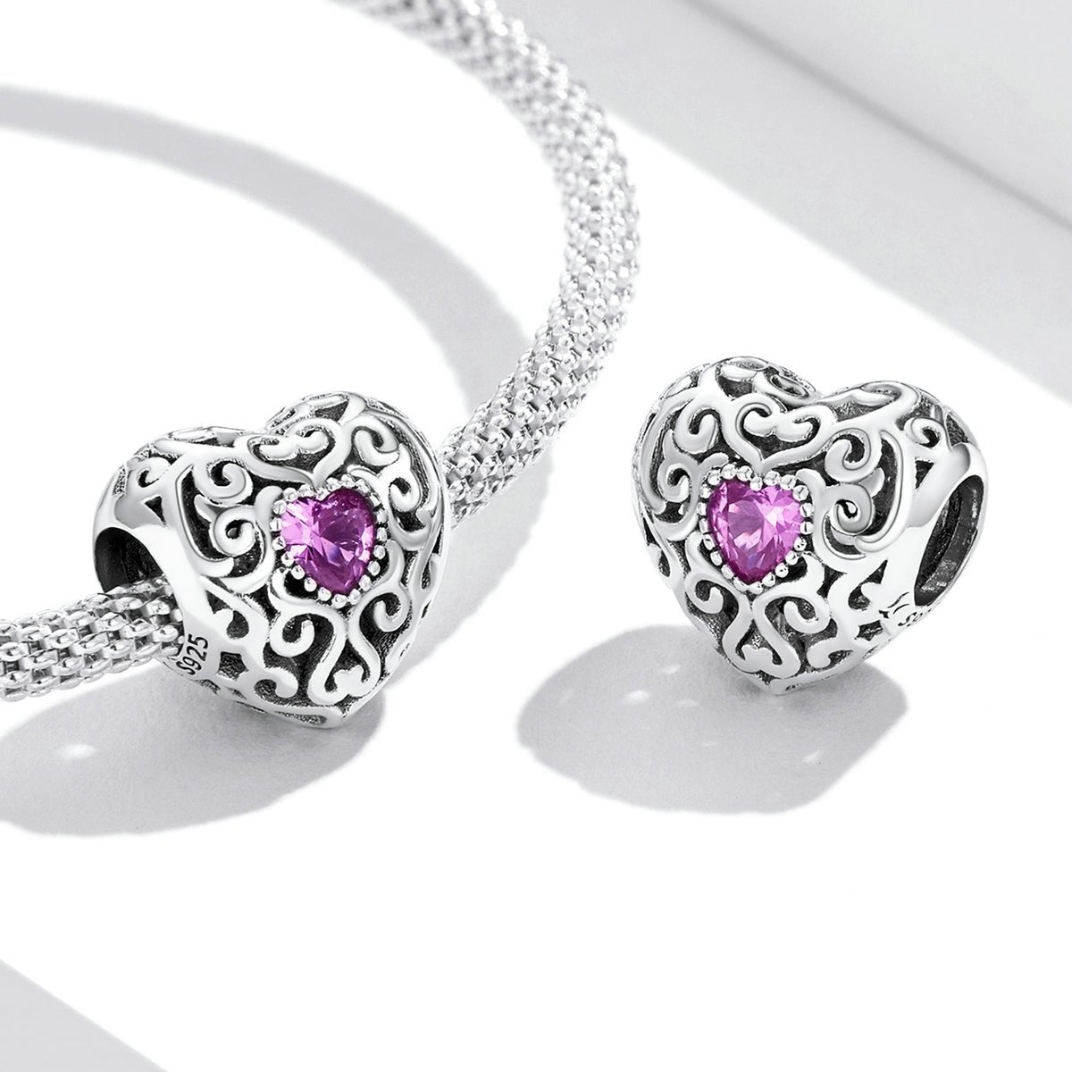 Silver Charm Vinatge Pattern Pink Heart CZ Charm For Sale - sursenso Charm