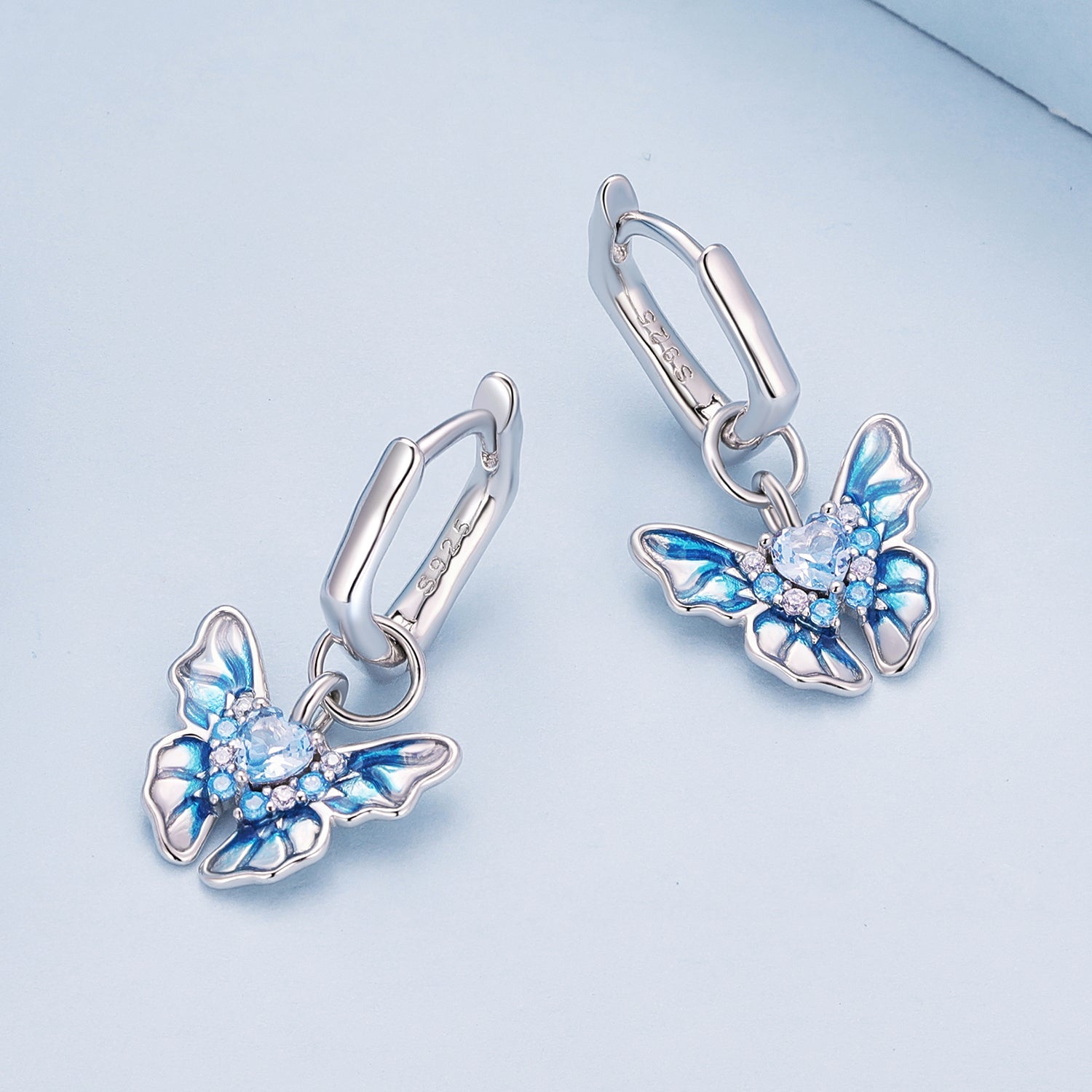 Silver Earrings Blue Butterfly Gradient Dripping Oil Pendant Drop CZ Hoop Earrings For Sale - sursenso Earring