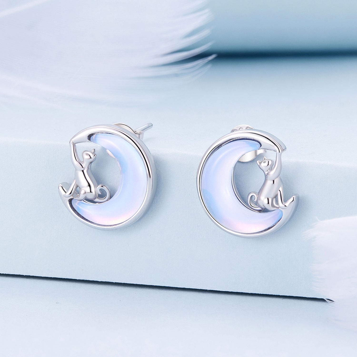 Silver Earrings Blue Moon Cat Stud Earrings For Sale - sursenso Earring