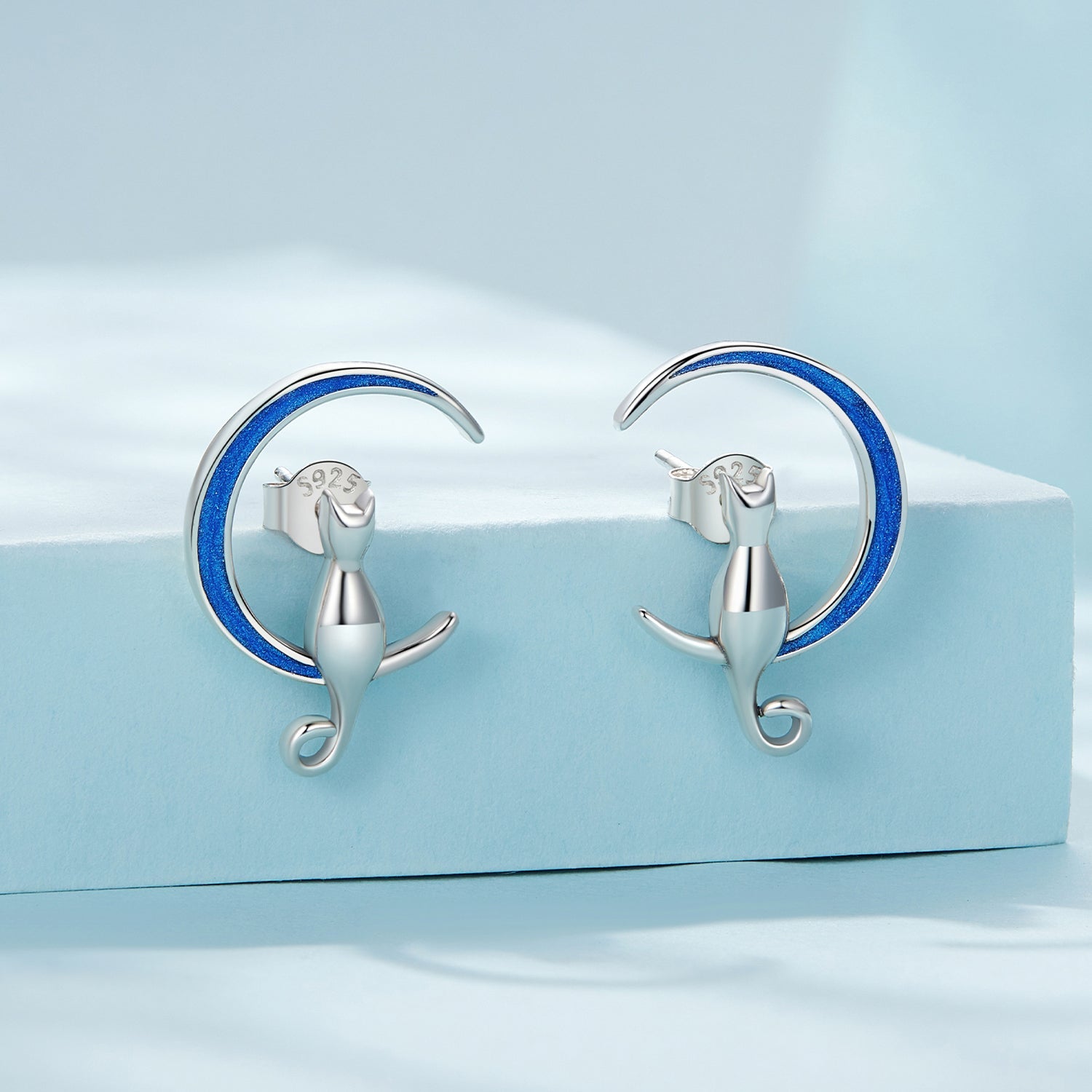 Silver Earrings Blue Moon Cat Stud Earrings For Sale - sursenso Earring