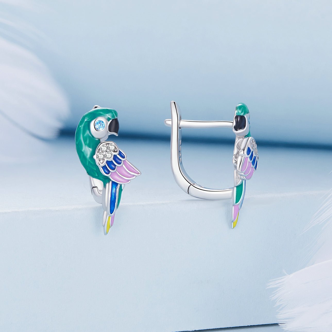 Silver Earrings Blue Parrot CZ Hoop Earrings For Sale - sursenso Earring