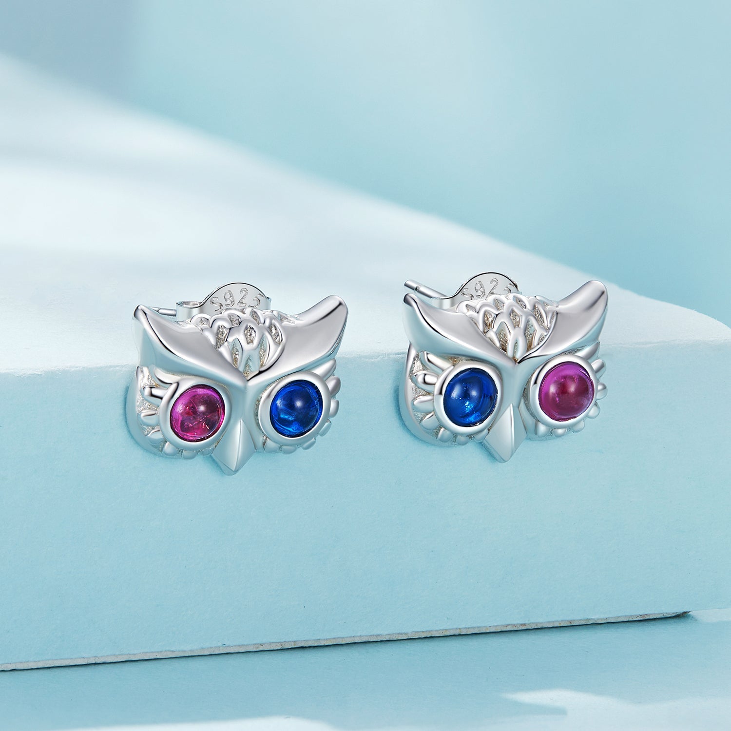 Silver Earrings Blue Red Eyes Owl Stud Earrings For Sale - sursenso Earring
