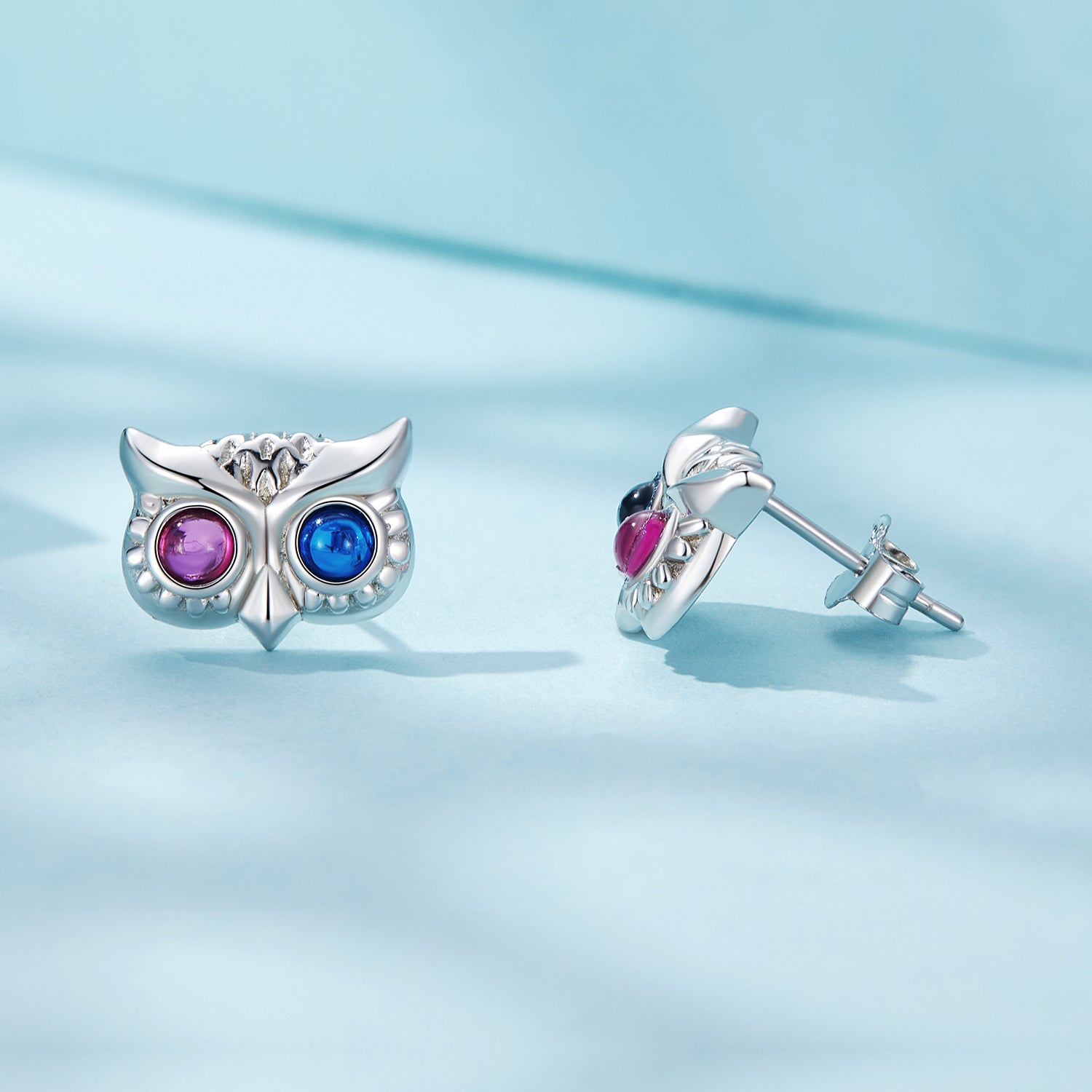 Silver Earrings Blue Red Eyes Owl Stud Earrings