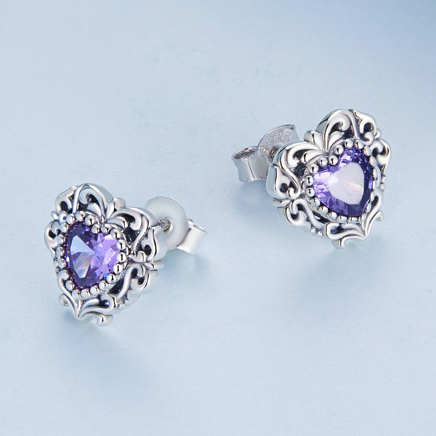 Silver Earrings Brilliant Purple Heart CZ Stud Earrings For Sale - sursenso Earring