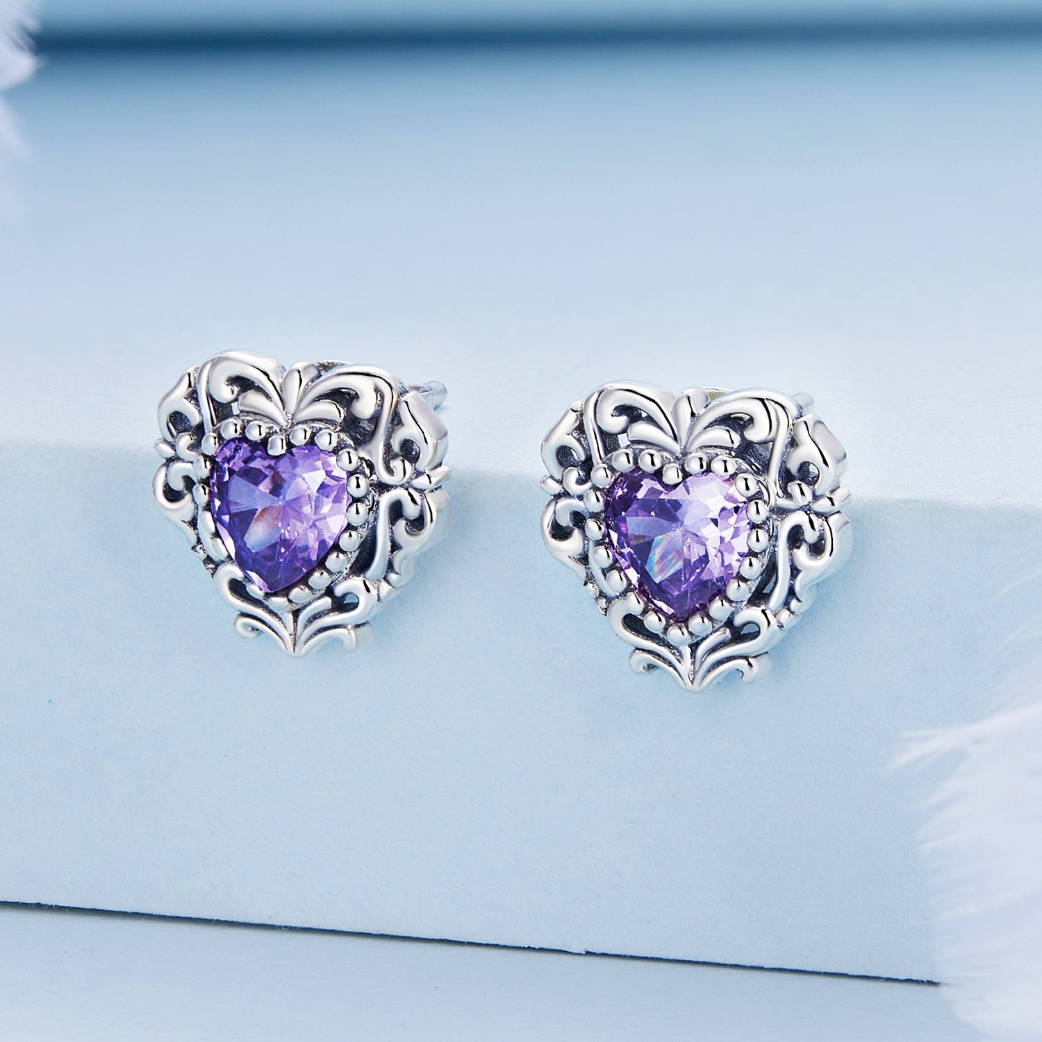 Silver Earrings Brilliant Purple Heart CZ Stud Earrings For Sale - sursenso Earring