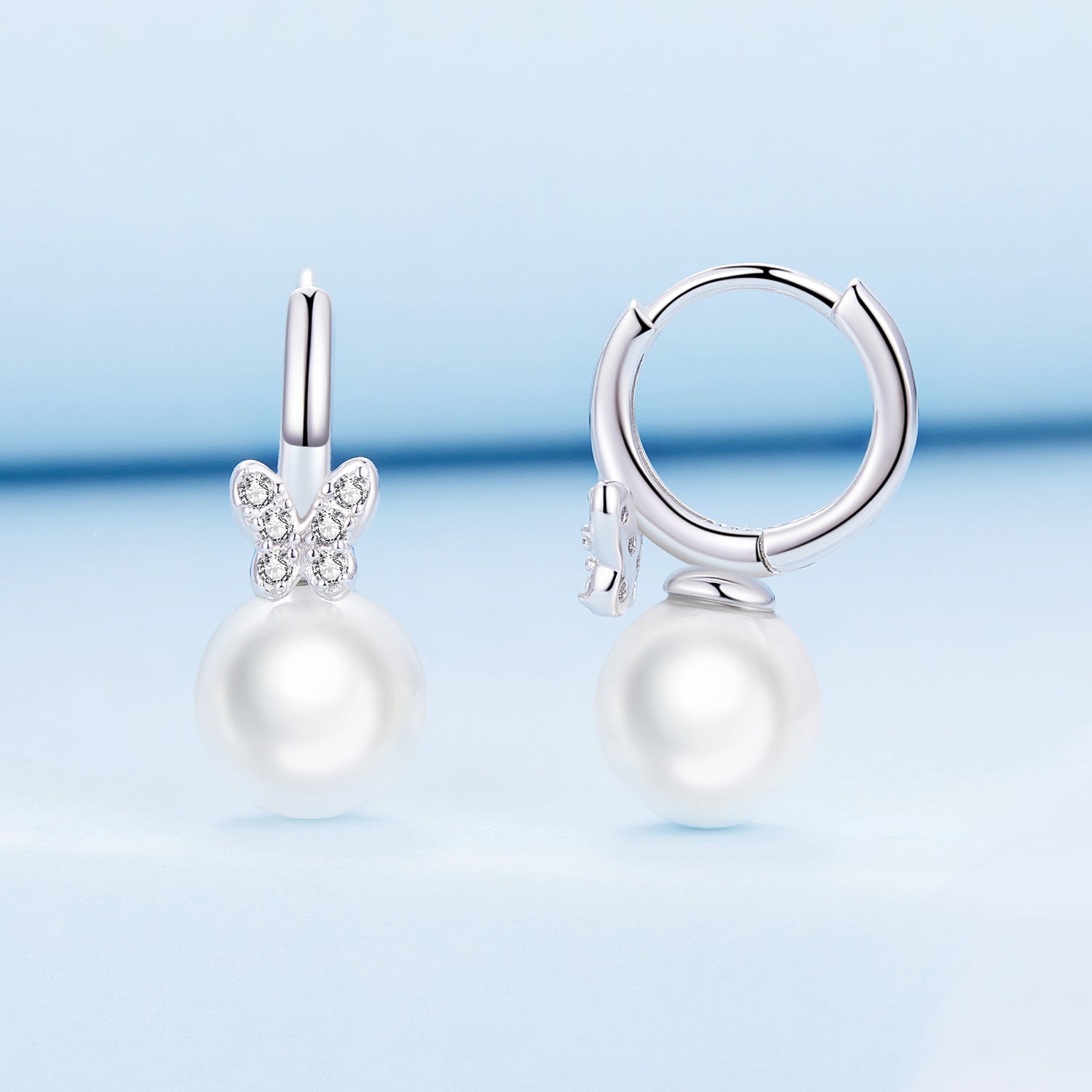 Silver Earrings Butterfly Shell Pearl CZ Hoop Earrings For Sale - sursenso Earring