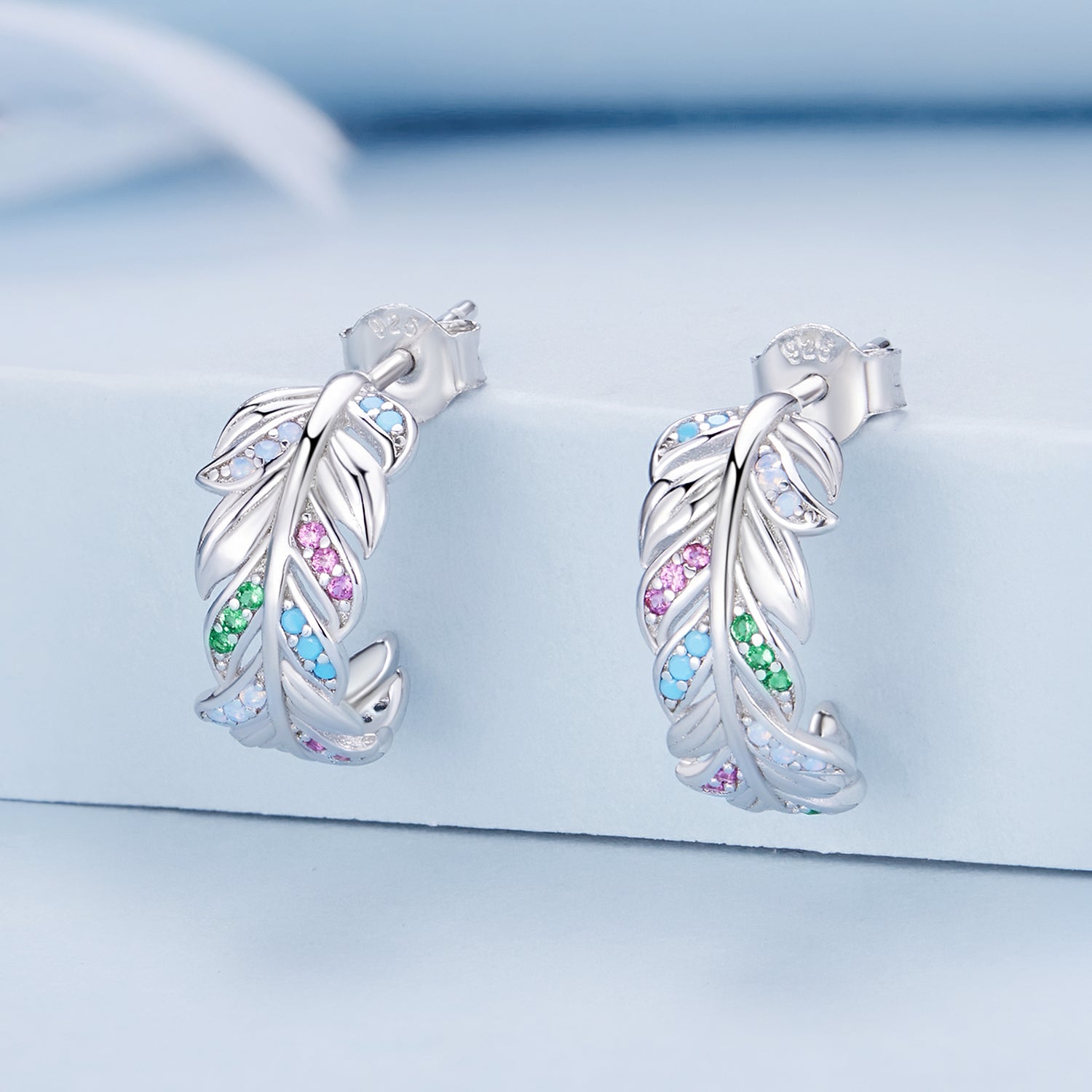 Silver Earrings Colored Feather CZ Stud Earrings For Sale - sursenso Earring