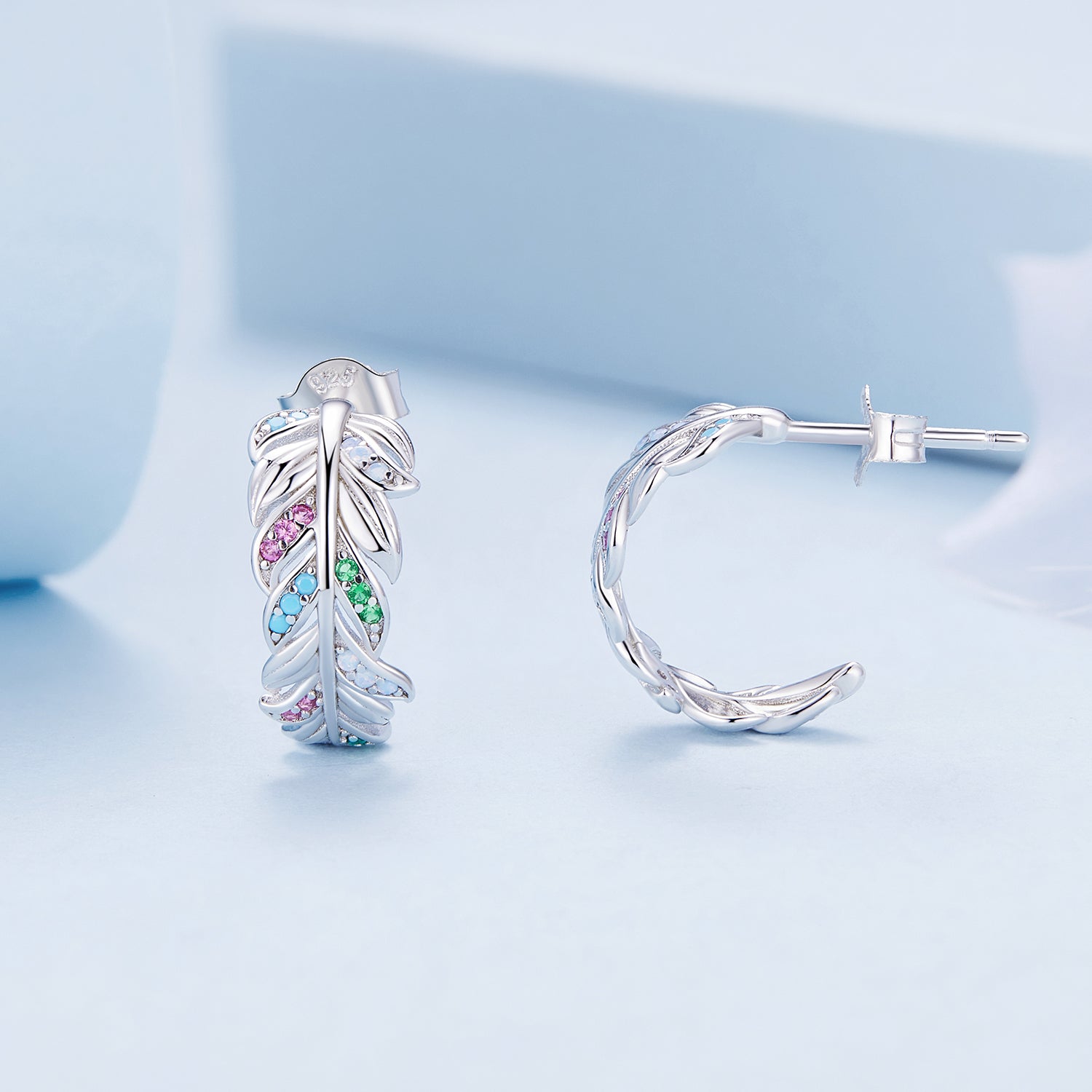 Silver Earrings Colored Feather CZ Stud Earrings For Sale - sursenso Earring