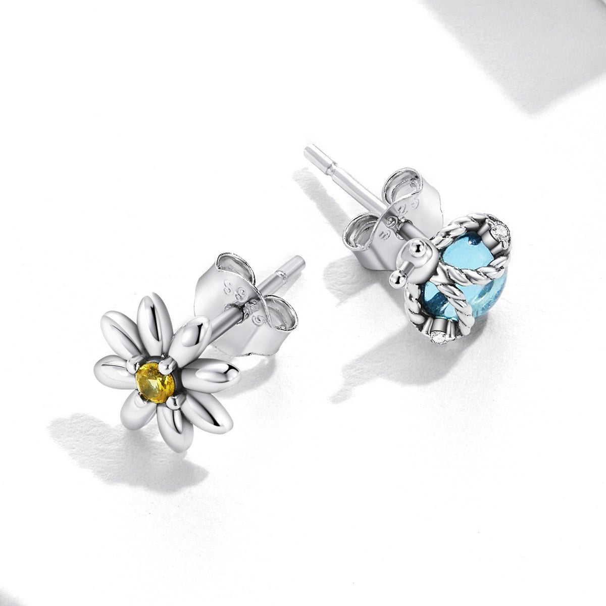 Silver Earrings Daisy & Ladybug Asymmetrical Design CZ Stud Earrings For Sale - sursenso Earring