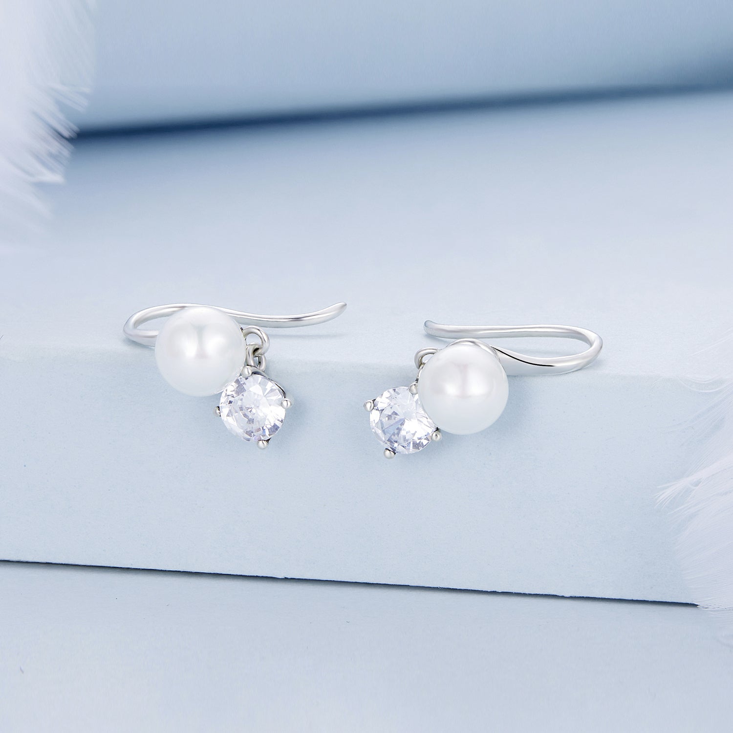 Silver Earrings Elegant White Round Pearl CZ Drop Earrings For Sale - sursenso Earring