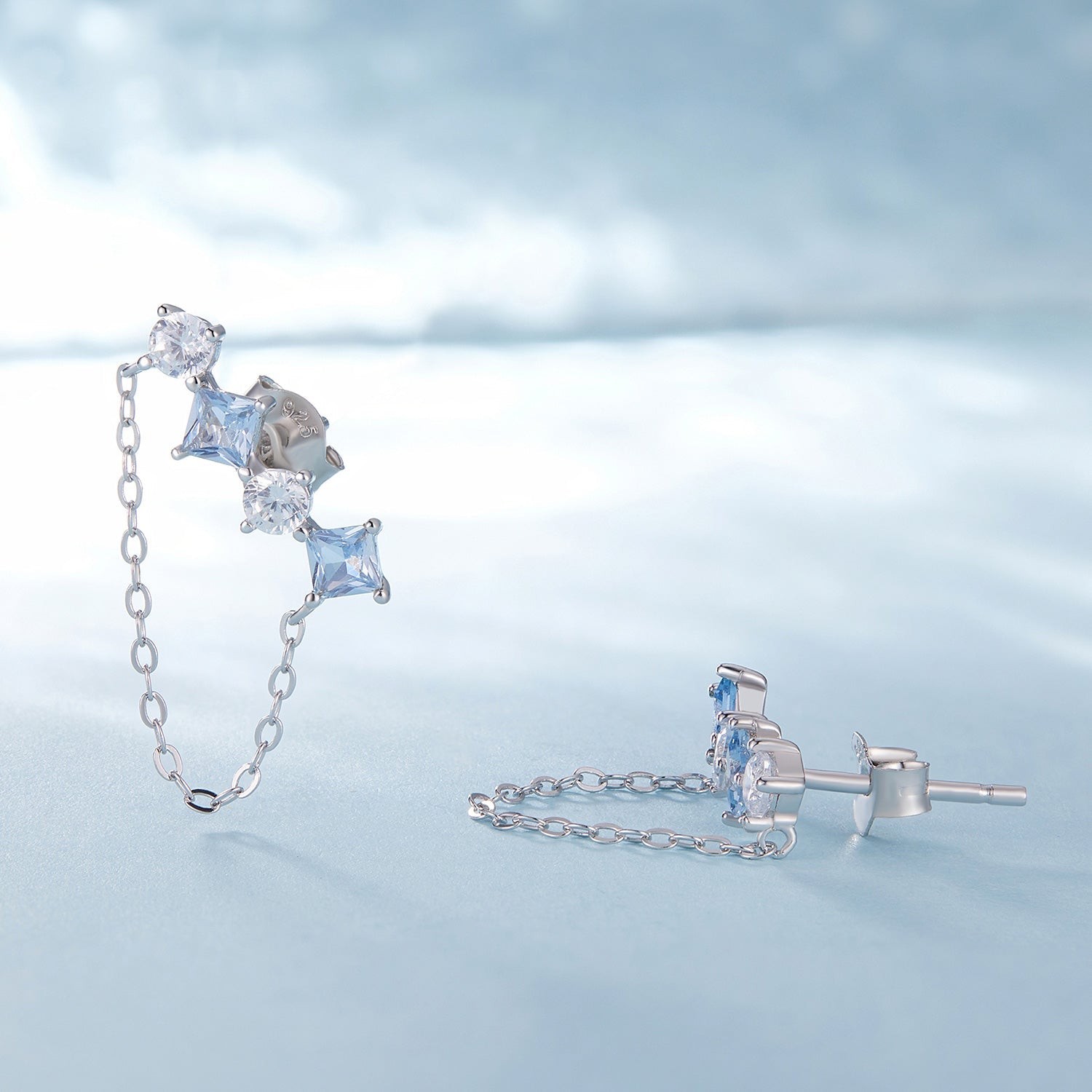 Silver Earrings Exquisite Long Fringe Blue CZ Stud Earrings For Sale - sursenso Earring