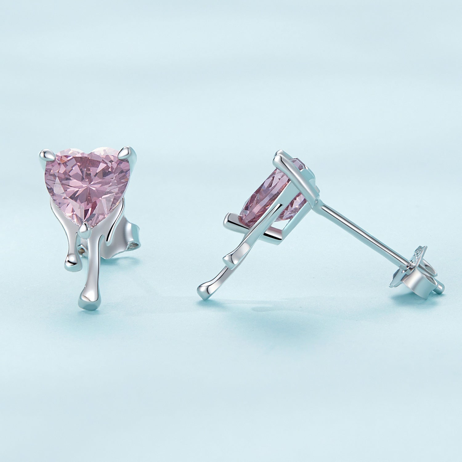 Silver Earrings Floating Love Pink CZ Stud Earrings For Sale - sursenso Earring