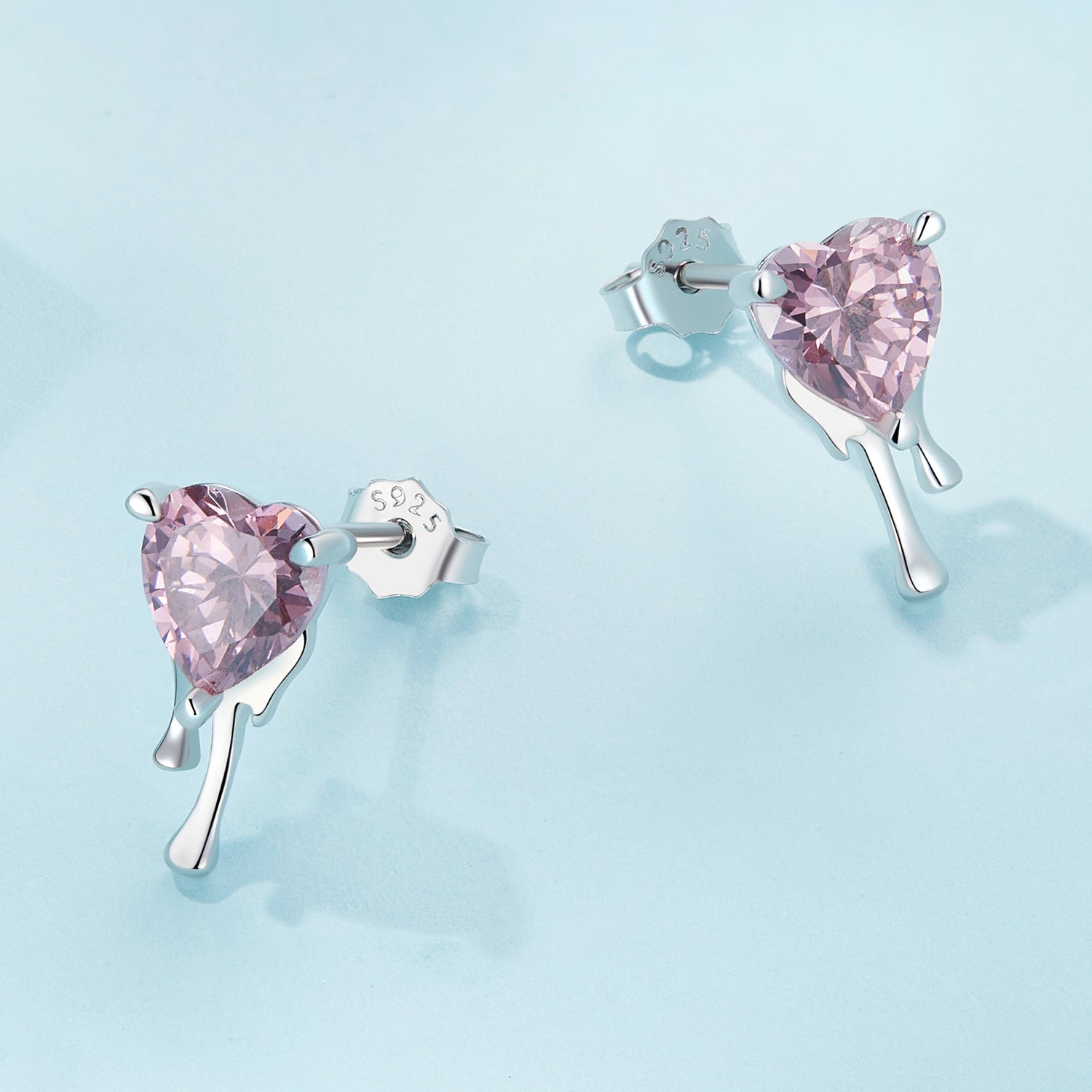 Silver Earrings Floating Love Pink CZ Stud Earrings For Sale - sursenso Earring