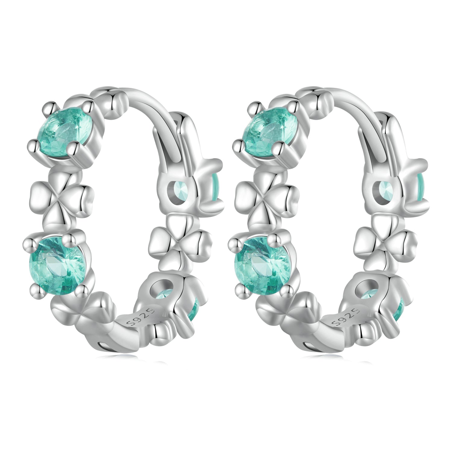 Silver Earrings Four Leaf Clover Green Glass Hoop Earrings For Sale - sursenso Earring