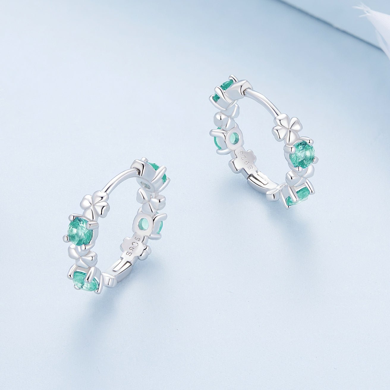 Silver Earrings Four Leaf Clover Green Glass Hoop Earrings For Sale - sursenso Earring