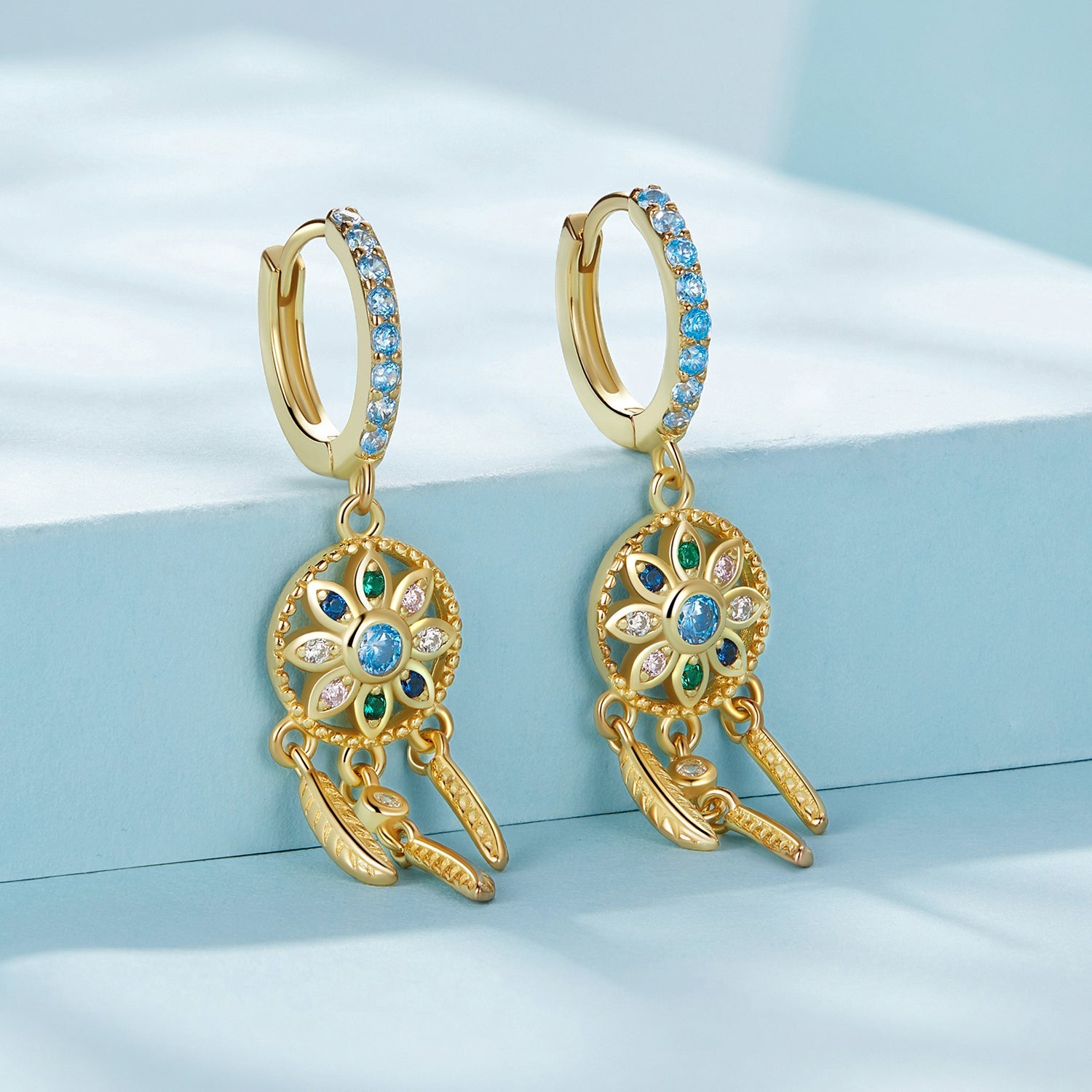 Silver Earrings Golden Dreamcatcher Pendant Drop CZ Hoop Earrings For Sale - sursenso Earring